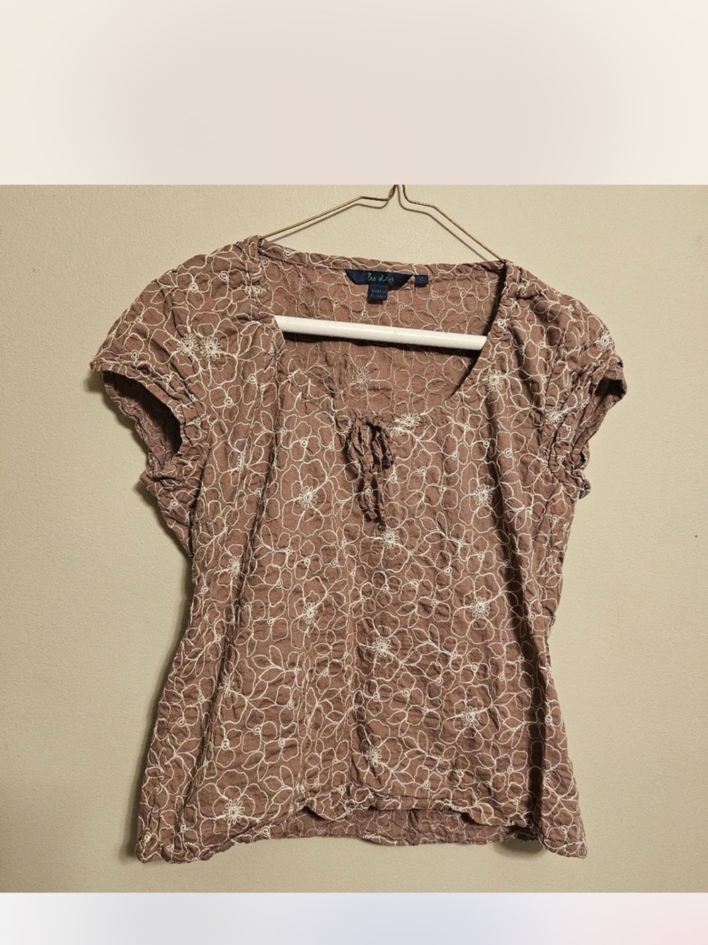 Boden Tan Floral Tie-Front Cap Sleeve Top
